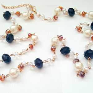 Long Topaz Bead & White Faux Pearl Necklace Gold